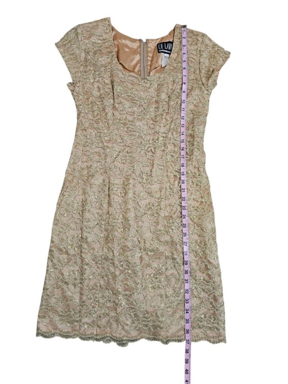 De-Laru Women 14 Dress Gold Lace Metallic Sheath Statement Rare Archival Regency - Picture 6 of 6